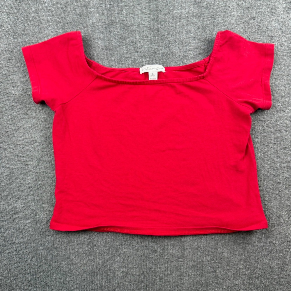 Ambiance Apparel Crop Top Women's S Red Square Neck Short Sleeve Stretch 65745